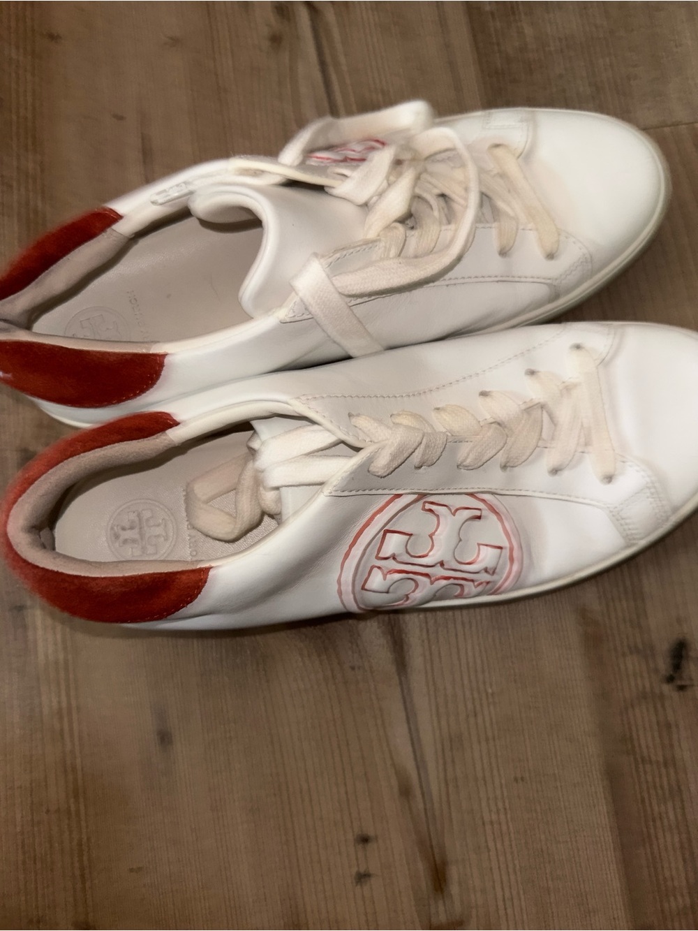 Tory Burch White Leather Sneakers with Reddish/ Orange Accent